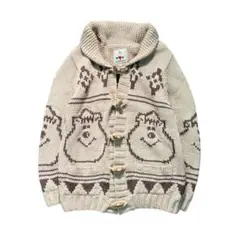 7AS5【WC】クマたん　カウチンニット　カーディガン　ベージュ　古着used