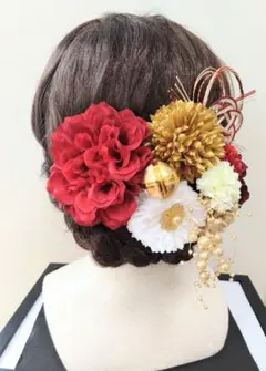 和装髪飾り　(赤ダリア＆金パール)　結婚式　成人式　七五三　卒業式　謝恩会　振袖
