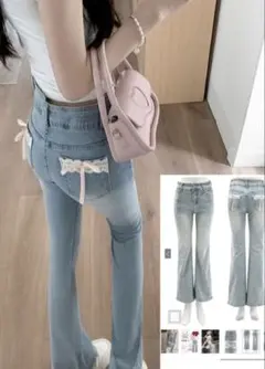 レースリボン フレアデニムパンツS