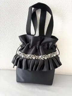 #11-J1 フリル巾着バッグ インド刺繍　フェイクレザー　 ハンドメイド