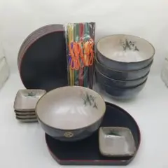 萬宝窯・草庵　おもだか草 グルメセット　塗盆 箸付　5客セットのサムネイル