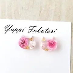 yf*【No.957】花ねこピアス　　ピンク　ドライフラワー　かすみ草