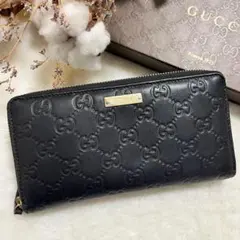 グッチ GGシマレザー 長財布 ラウンドジップ コインケース カードケース 黒