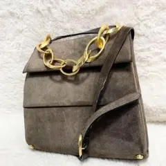 フェラガモ チェーン ショルダーバッグ スエード 金具 大容量 多機能 茶色