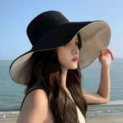 つば広帽子　黒　UVカット紫外線防止日焼け防止　バケットハット　リバーシブル