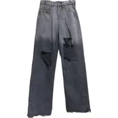 ダメージ グレー ワイドレッグ デニム パンツ