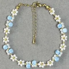 ブレスレット ハンドメイド 花 フラワー ビーズ 白 水色 金