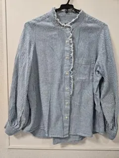 綿麻ストライプ フリル付きボタンシャツ✨