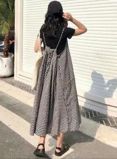 Aライン ギンガムチェック ロングスカート オルチャン