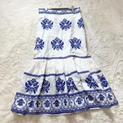 ZARA ザラ　リネン　刺繍　ホワイト×ブルー　ロングスカート　L相当　ダンス