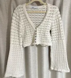 ZARA ホワイト クロップド　カーディガン　クロシェ　ニット