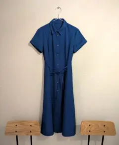 【GU人気】ワンピース　半袖　ブルー サイドポケット有 S ベルト紐付き