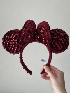 ミッキー耳風スパンコールカチューシャ ワインレッド