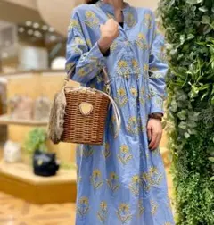 ZARA ザラ 花柄 刺繍 ロングワンピース コットン ライトブルー