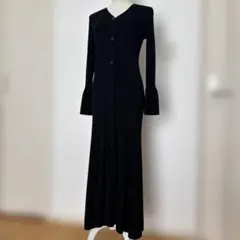 黒 リブ編み ロングニットワンピース