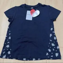 新品 花柄切り替え トップス 半袖 ネイビー
