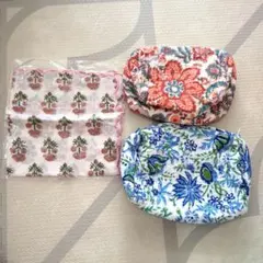 インド綿 花柄 キルティング ポーチ 2点＆ ハンカチ セットのサムネイル