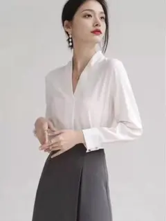 ブラウス Vネック オフィス きれいめ スーツ ホワイト フォーマル シャツ
