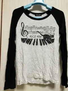 PEACE NOW黒猫とピアノラグラン袖長袖Tシャツ音楽モノクロ杢グレーcatのサムネイル