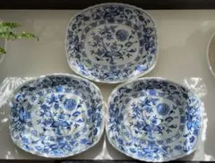 美濃焼 ブルーエルベ　青い花柄の陶磁器皿3枚セット　楕円オーバル調プレート新生活