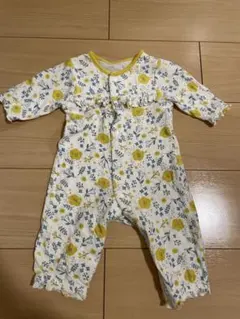 ベビーロンパース カバーオール 長袖 花柄 イエロー ホワイト　60-70センチ