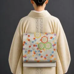 【E5-78】名古屋帯 名古屋仕立て 単品 肌色 オレンジ 黄緑 青 359cmのサムネイル