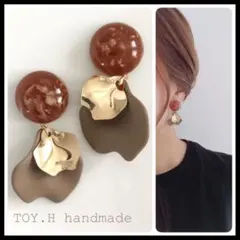 ブラウンサークル　カーキ花びら　ハンドメイドピアス　イヤリング