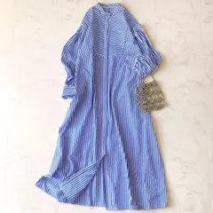 極美品☆アダムエロペ 洗える シャツワンピース ロング バンドカラー 青×白