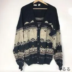 ノルディック柄 ニットカーディガン Vネック ウール混 古着 メンズ