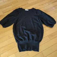ブラック ７分袖ニット バルーンスリーブ綿100%