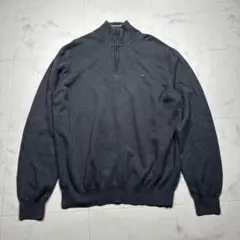 トミーヒルフィガー ハーフジップ ニット XL グレー 刺繍ロゴ コットン100