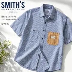 SMITH’S 半袖ストライプM ブル　ワークシャツ 切替ポケット アメカジ 夏のサムネイル