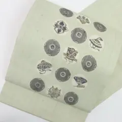 夏＊名古屋帯 開仕立て 抜き紋模様 薄緑色　グリーン　 和装着物 正絹 7NG2のサムネイル