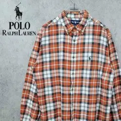 【90s 古着】ポロ ラルフローレン チェック柄 刺繍 ネルシャツ オレンジ L