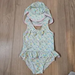 水着 女の子 100cm 帽子セット 花柄 フリル