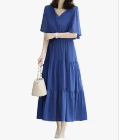 ロングワンピース　半袖 ブルー
