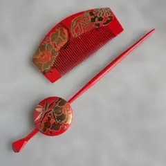 塗り　木製　平打ち簪　櫛　牡丹　梅　金蒔絵　かんざし　着物　和装小物　X3