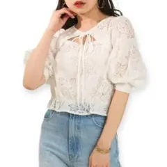 フーズフーチコ レース ブラウス ボレロ風 ボリューム袖 白 Fサイズ