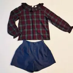 長袖シャツ　ブラウス　フリル　チェック　紺　ショートパンツ　140　セット