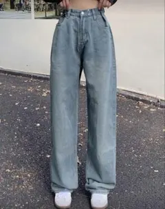 ライトブルー ワイドレッグ デニムパンツ
