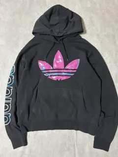 美品 adidas アディダス プルオーバー パーカー ブラック トレフォイル