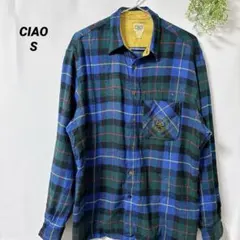 CIAO【S】イタリア製 チェック柄ネルシャツ 青緑 ロゴポケット 古着1点物のサムネイル