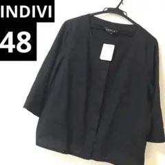 ★タグ付★ INDIVI ノーカラー　ジャケット　48　ブラック　大きいサイズ