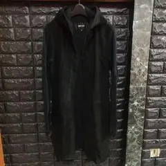 美品SHELLAC 黒　異素材切り替えシープスキン　フーデッドロングカーディガンのサムネイル