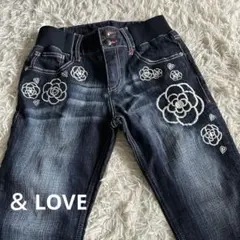 【＆ LOVE】アンドラブ花柄刺繍ダークブルースキニーデニム