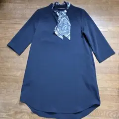 ザラベーシックZARABASICネイビー スカーフ付き ひざ丈ワンピース　M