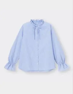 【GU】ストライプフリルネックブラウス　長袖