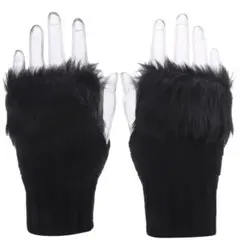 ファー付き 指なしニット手袋 レディース 防寒 秋冬 ブラック　黒