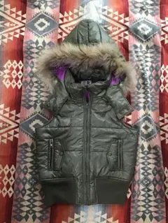 y2k 00' お兄系 ギャル 光沢 ファー ダウンベスト カーキ オリーブ