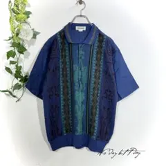 ABLANDIG アブランディグ 総柄 ニット ポロシャツ 半袖 ブルー M
